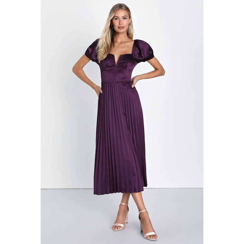 Lulus Flawless Forever Dark Purple Satin Pleated Midi Dress - Size XS